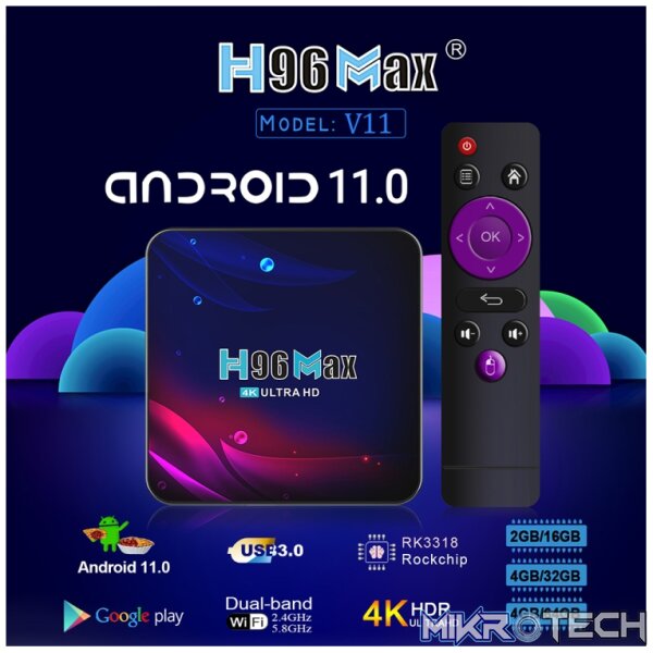 H96 Max V11 4K Smart TV BOX Android 11.0 Media Player with Remote Control, RK3318 Quad-Core 64bit Cortex-A53, RAM: 4GB, ROM: 64GB, Support Dual Band WiFi, Bluetooth, Ethernet, US Plug, 4GB+64GB - Image 5