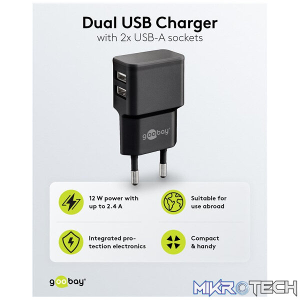 Goobay 12W Dual USB Charger - Black - Image 3