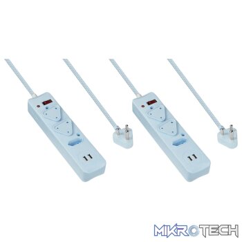 2x 3-Way Surge Multiplug with Dual USB Ports Blue - 0.5m