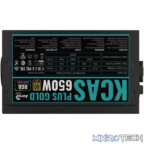 Aerocool KCAS PLUS Gold 650W RGB PSU - ATX 24 PIN; 2x 4+4PIN CPU; 6x SATA; 3x PATA; 2x PCIe 6+2PIN. - Image 5