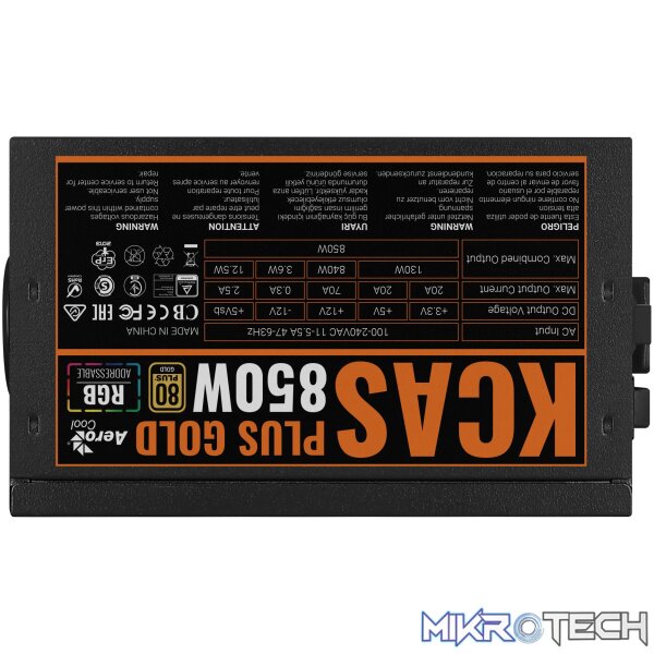 Aerocool KCAS PLUS Gold 850W RGB PSU - ATX 24 PIN; 2x 4+4PIN CPU; 8x SATA; 4x PATA; 3x PCIe 6+2PIN. - Image 6