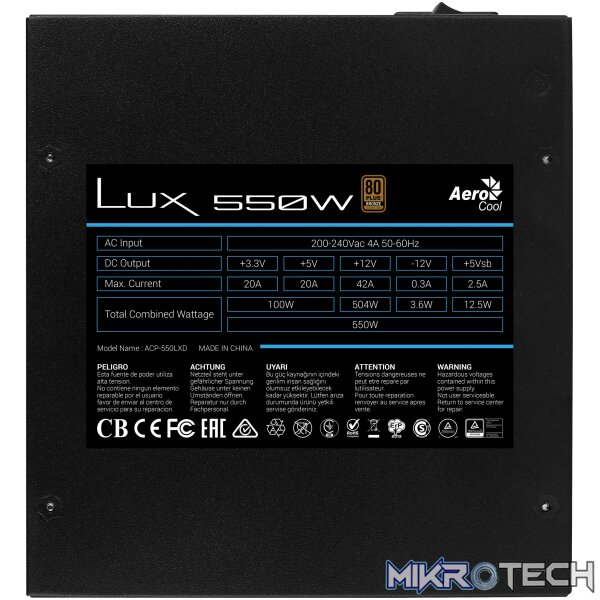 Aerocool LUX Bronze 550W  PSU - ATX 24 PIN; 1x 4+4PIN CPU; 4x SATA; 2x PATA; 1x PCIe 6+2PIN. - Image 4