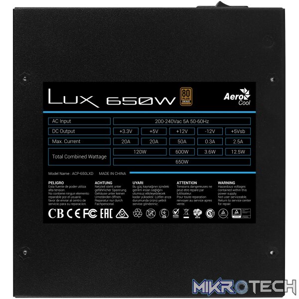 Aerocool LUX Bronze 650W  PSU - ATX 24 PIN; 1x 4+4PIN CPU; 5x SATA; 4x PATA; 2x PCIe 6+2PIN. - Image 4