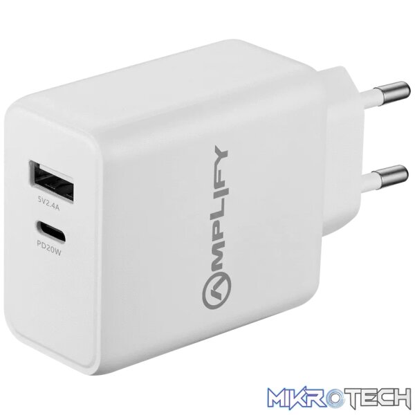 Amplify P.D. 20w Plus USB 12w Dual Wall Charger - White Amplify P.D. 20w Plus USB 12w Dual Wall Charger - White