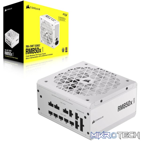 Corsair RM850x Shift White — 850 Watt 80 PLUS Gold;10yr Warranty. ATX (1); EPS (2); PCI-E (4);12VHPWR (1); PATA (8);SATA (12) Corsair RM850x Shift White — 850 Watt 80 PLUS Gold;10yr Warranty. ATX (1); EPS (2); PCI-E (4);12VHPWR (1); PATA (8);SATA (12)