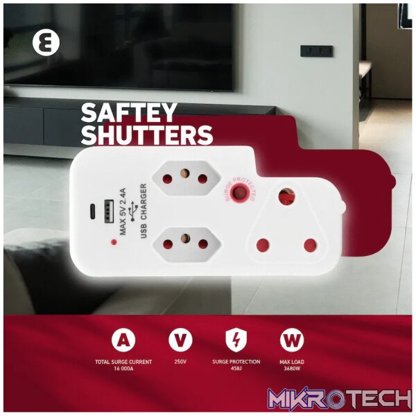 Ellies 3 Way Medium Surge Adaptor with Type C + USB - White - Image 11