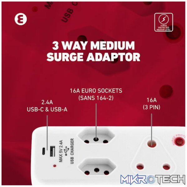 Ellies 3 Way Medium Surge Adaptor with Type C + USB - White - Image 12