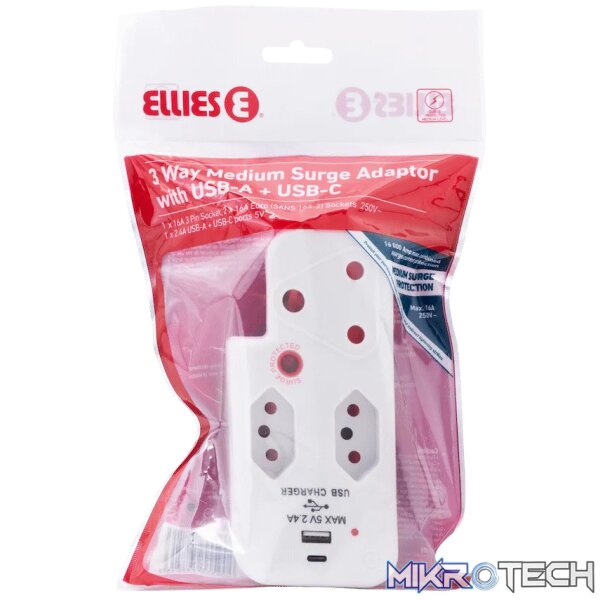 Ellies 3 Way Medium Surge Adaptor with Type C + USB - White - Image 5