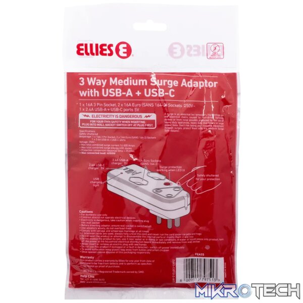 Ellies 3 Way Medium Surge Adaptor with Type C + USB - White - Image 6