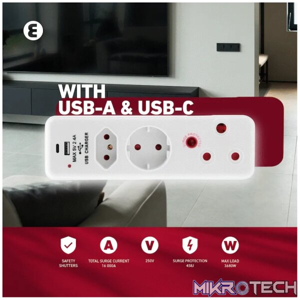 Ellies  3 Way Medium Surge adaptor Schuko,with type C + USB - Image 11