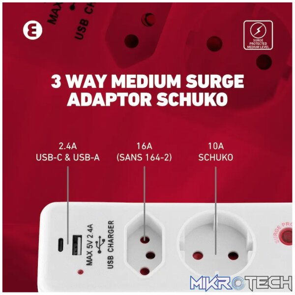 Ellies  3 Way Medium Surge adaptor Schuko,with type C + USB - Image 12