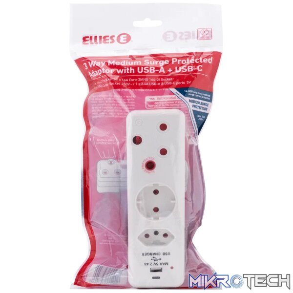 Ellies  3 Way Medium Surge adaptor Schuko,with type C + USB - Image 5