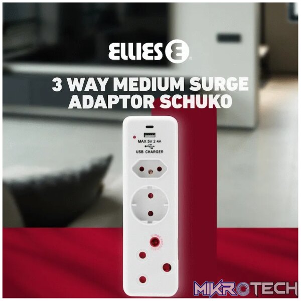 Ellies  3 Way Medium Surge adaptor Schuko,with type C + USB - Image 9