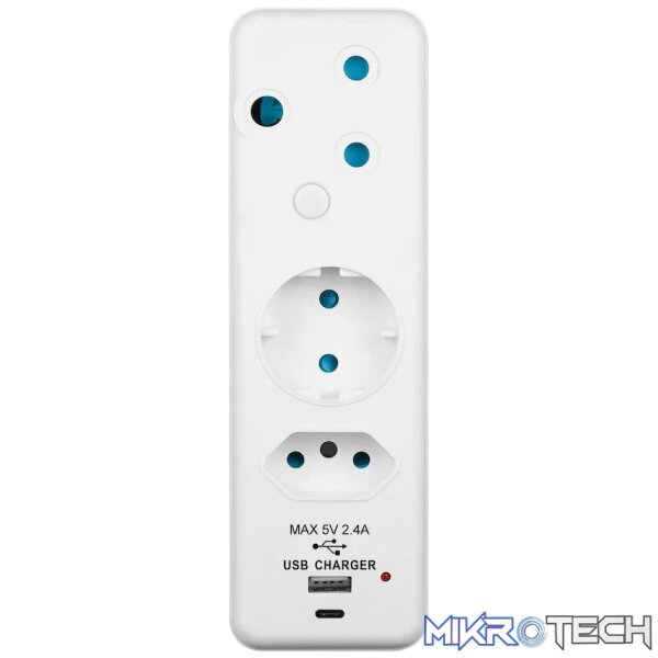 Ellies 3-Way Schuko Adaptor with Type-C + USB - White - Image 2