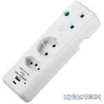 Ellies 3-Way Schuko Adaptor with Type-C + USB - White