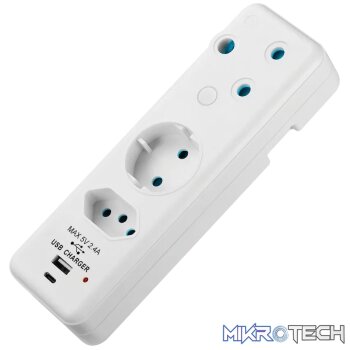 Ellies 3-Way Schuko Adaptor with Type-C + USB - White