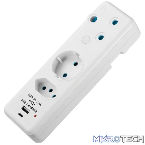 Ellies 3-Way Schuko Adaptor with Type-C + USB - White Ellies 3-Way Schuko Adaptor with Type-C + USB - White