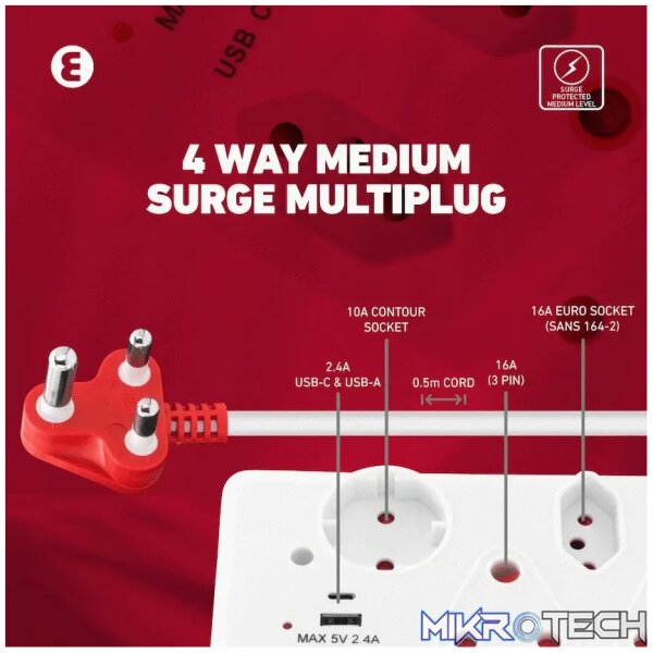 Ellies 4-Way Medium Surge Multiplug with USB-A+USB-C 0.5m - Image 12
