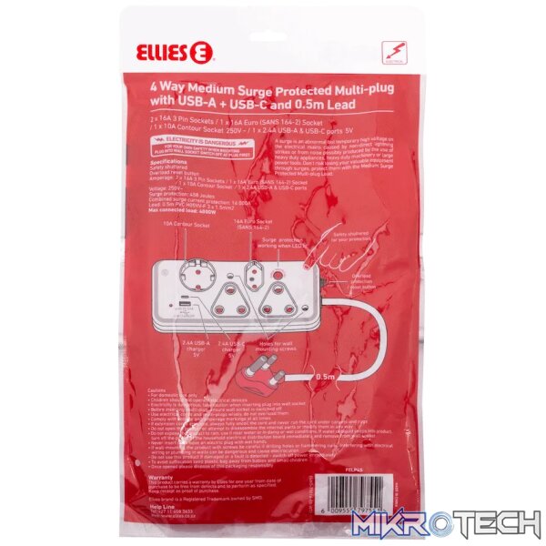 Ellies 4-Way Medium Surge Multiplug with USB-A+USB-C 0.5m - Image 6