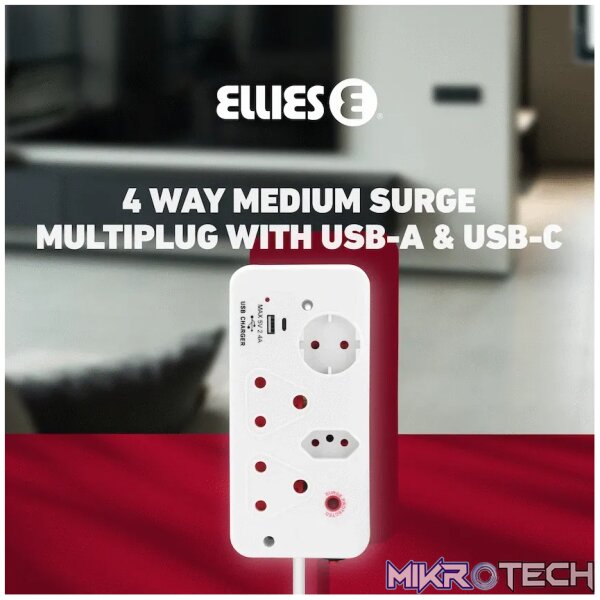 Ellies 4-Way Medium Surge Multiplug with USB-A+USB-C 0.5m - Image 9