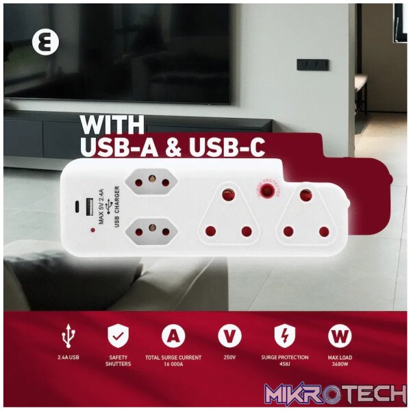 Ellies  4 Way Medium Surge adaptor with type C + USB - Image 11