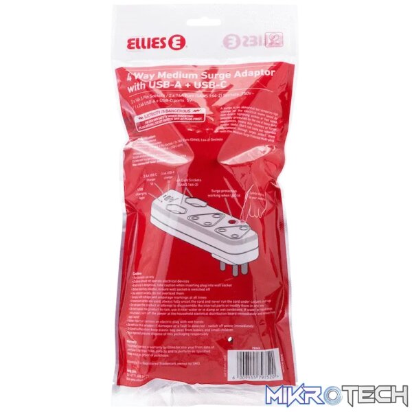 Ellies  4 Way Medium Surge adaptor with type C + USB - Image 6