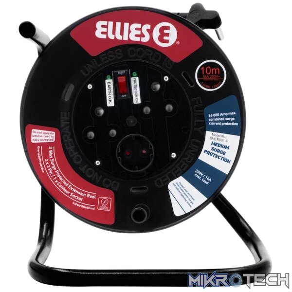 Ellies Heavy Duty Medium Surge Protected Extension Reel 10m - Black - Image 3