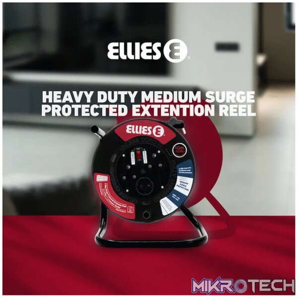 Ellies Heavy Duty Medium Surge Protected Extension Reel 10m - Black - Image 7