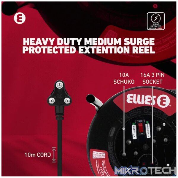 Ellies Heavy Duty Medium Surge Protected Extension Reel 10m - Black - Image 10