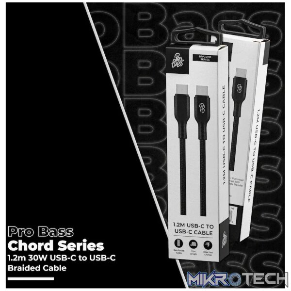 Pro Bass Chord Series 1.2m 30w Type-C to Type-C Braided - Black - Image 6