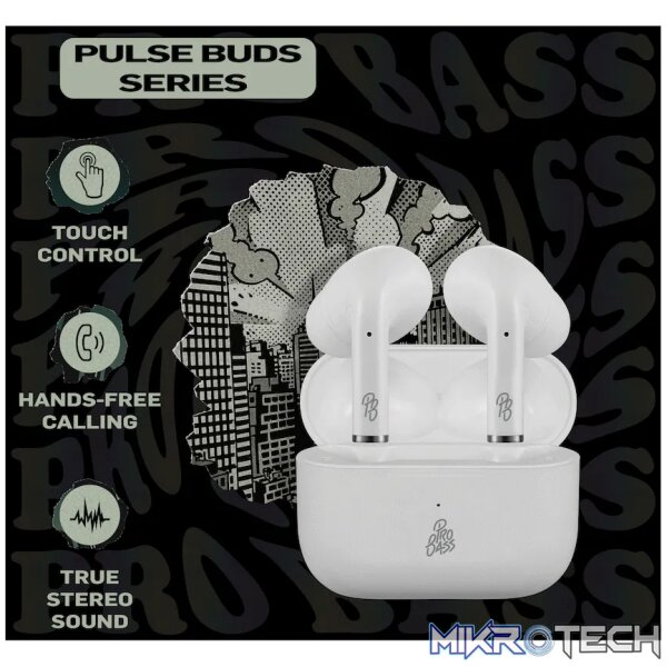Pro Bass Pulse Buds True Wireless Earphones with Charging Case - White - Image 4