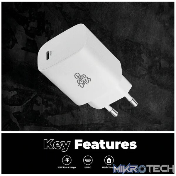 Pro Bass RapidCharge Series 20w Single Type-C Wall Charger - White - Image 5