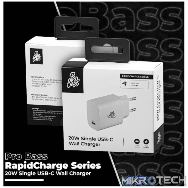 Pro Bass RapidCharge Series 20w Single Type-C Wall Charger - White - Image 7
