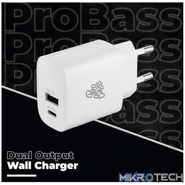 Pro Bass Rapidcharge Series 20w+18w Dual USB and Type-C Wall Charger - White - Image 3