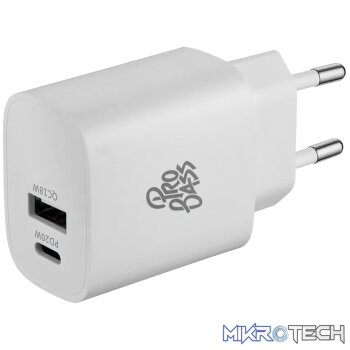Pro Bass Rapidcharge Series 20w+18w Dual USB and Type-C Wall Charger - White