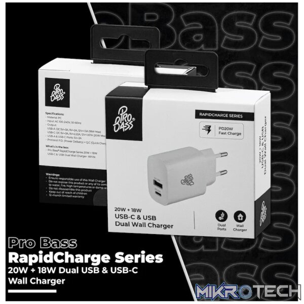 Pro Bass Rapidcharge Series 20w+18w Dual USB and Type-C Wall Charger - White - Image 6