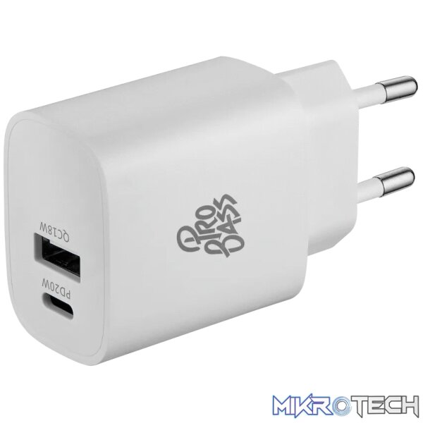 Pro Bass Rapidcharge Series 20w+18w Dual USB and Type-C Wall Charger - White Pro Bass Rapidcharge Series 20w+18w Dual USB and Type-C Wall Charger - White