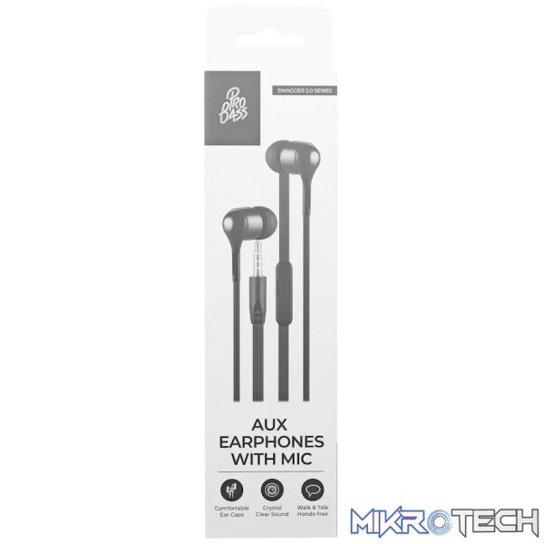Pro Bass Swagger 2.0 Series - Boxed Auxiliary Earphone with Mic - Black Pro Bass Swagger 2.0 Series - Boxed Auxiliary Earphone with Mic - Black
