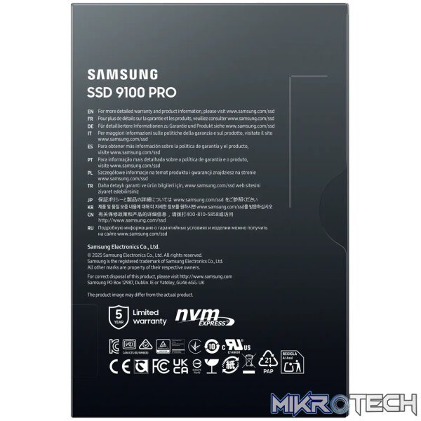 Samsung 9100 PRO PCIe® 5.0 NVMe™ M.2 SSD - 4 TB. SSD capacity: 4 TB, SSD form factor: M.2, Read speed: 14800 MB/s, Write speed: 13400 MB/s, Component for: PC/Laptop - Image 7
