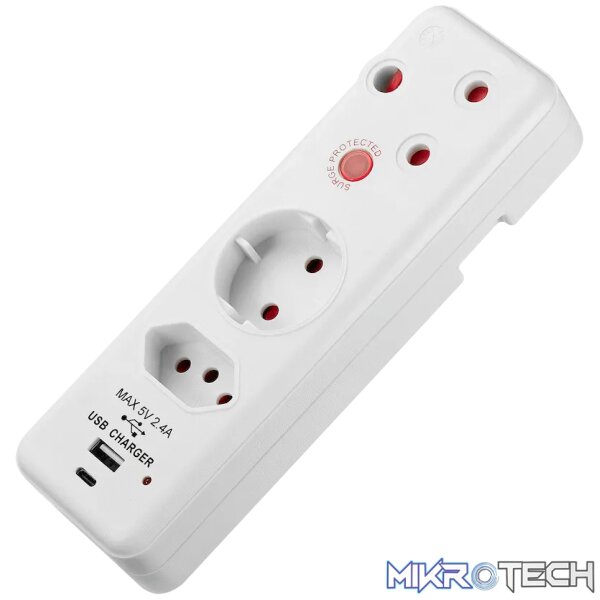 Switched 3-Way Medium Surge Adaptor - Schuko with Type-C + USB - Image 3