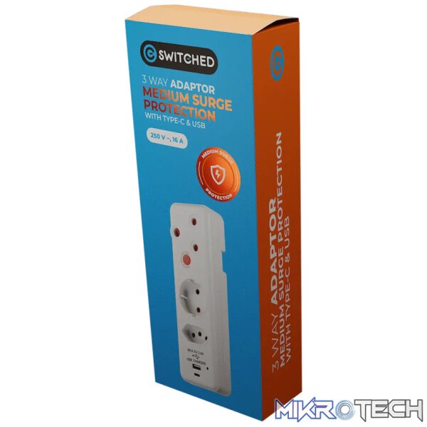 Switched 3-Way Medium Surge Adaptor - Schuko with Type-C + USB - Image 4
