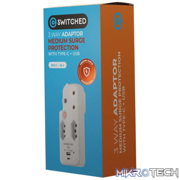Switched 3-Way Medium Surge Adaptor with Type-C + USB - White - Image 2