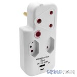 Switched 3-Way Medium Surge Adaptor with Type-C + USB - White