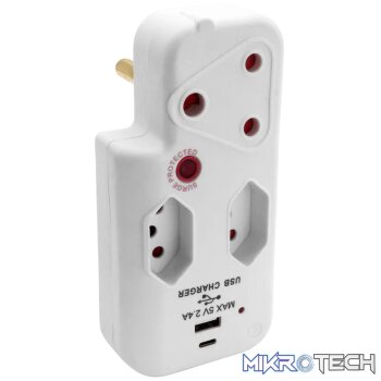 Switched 3-Way Medium Surge Adaptor with Type-C + USB - White