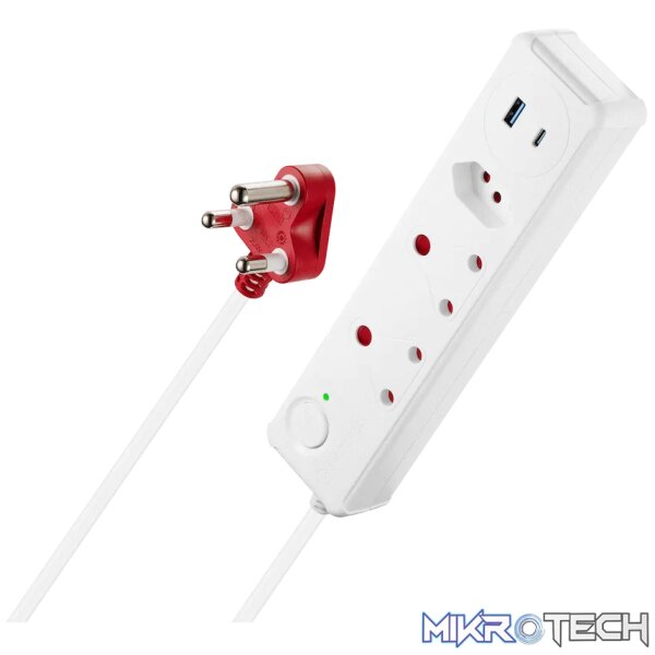 Switched 3-Way Medium Surge-Protected Multiplug with 1x Type-C + 3.4a USB Ports - 0.5m - White - Image 2