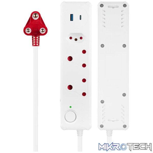 Switched 3-Way Medium Surge-Protected Multiplug with 1x Type-C + 3.4a USB Ports - 0.5m - White - Image 4
