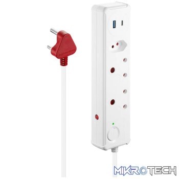 Switched 3-Way Medium Surge-Protected Multiplug with 1x Type-C + 3.4a USB Ports - 0.5m - White