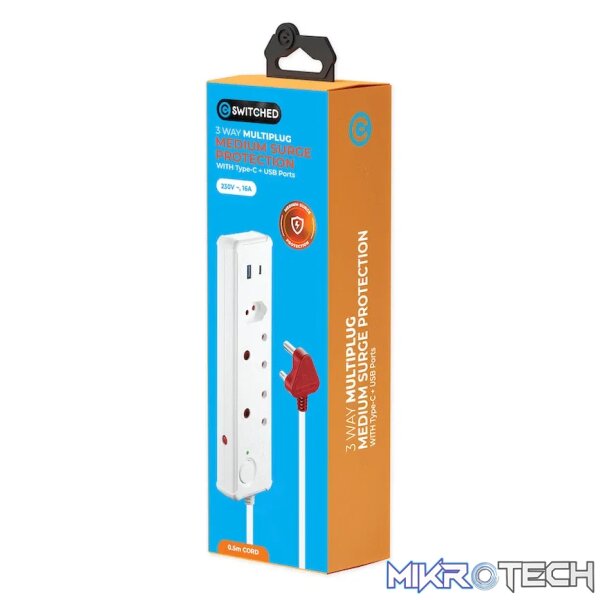Switched 3-Way Medium Surge-Protected Multiplug with 1x Type-C + 3.4a USB Ports - 0.5m - White - Image 5