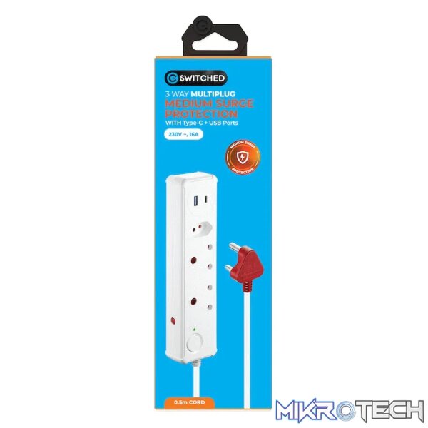 Switched 3-Way Medium Surge-Protected Multiplug with 1x Type-C + 3.4a USB Ports - 0.5m - White - Image 6