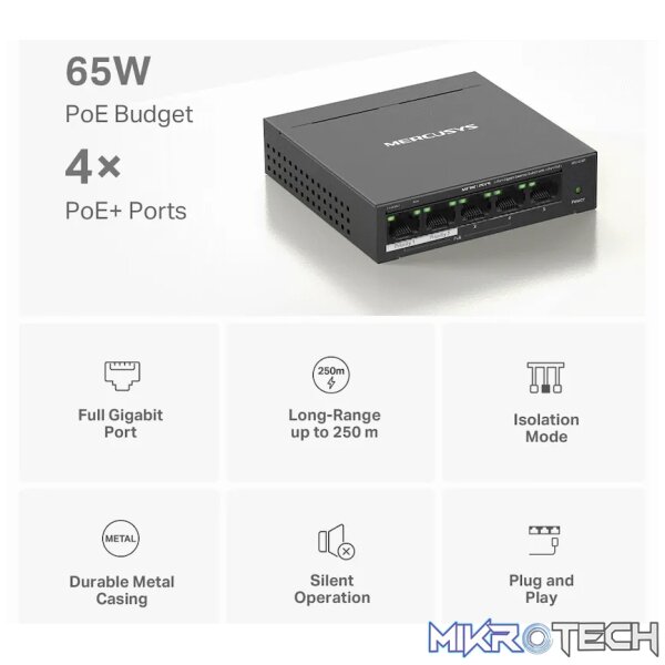TP-Link Mercusys MS105GP 5-Port Gigabit Desktop Switch with 4-Port PoE+ - Image 4
